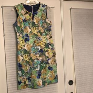 Lands End Sleeveless Lined‎ Blue Green Floral Dress Pockets 6 Petite